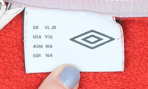 Close-up detail of Umbro boys’ xl red pullover sweatshirt