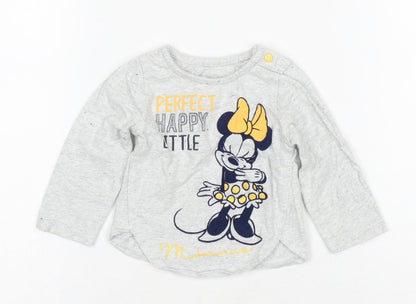 Front view of Disney girls’ grey long sleeve t-shirt, 6-9 months, cartoon theme