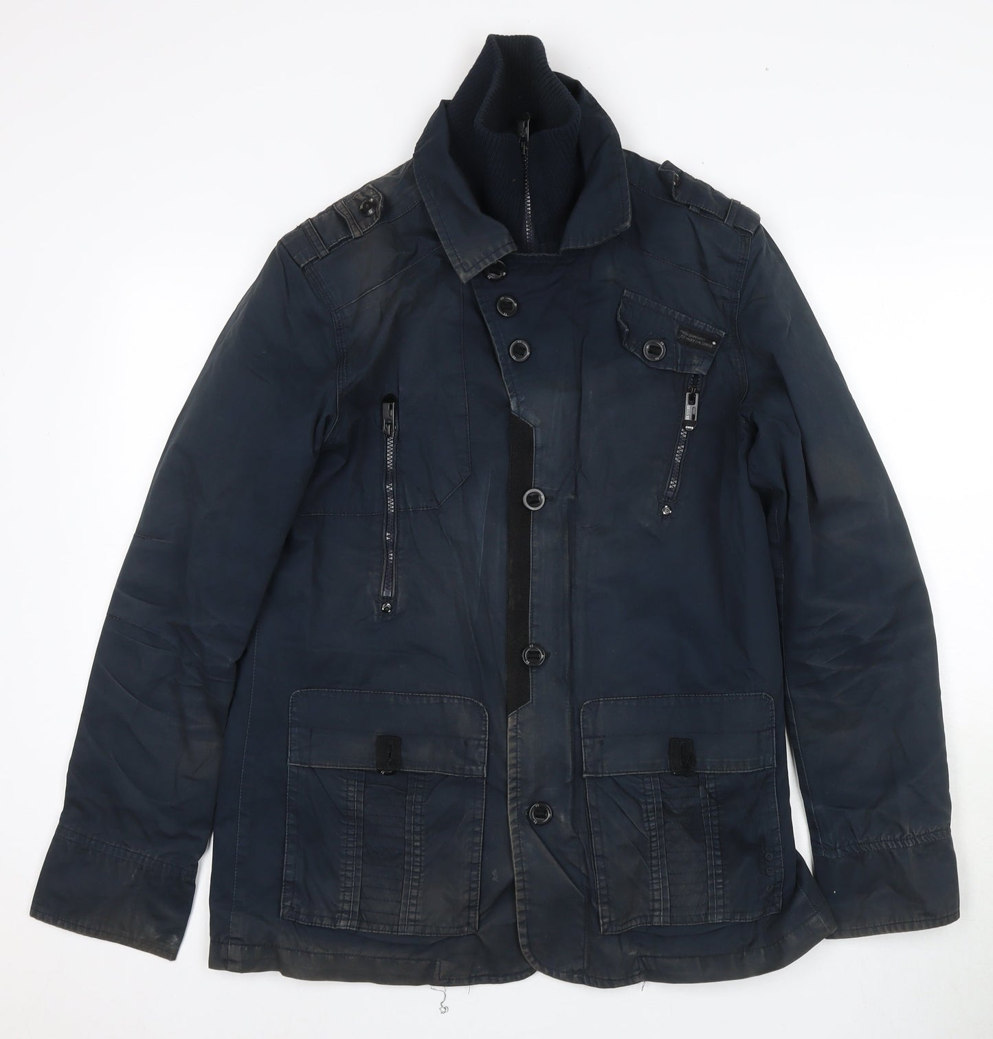 Vintage Men's Blue Military Jacket - M - Zip & Button