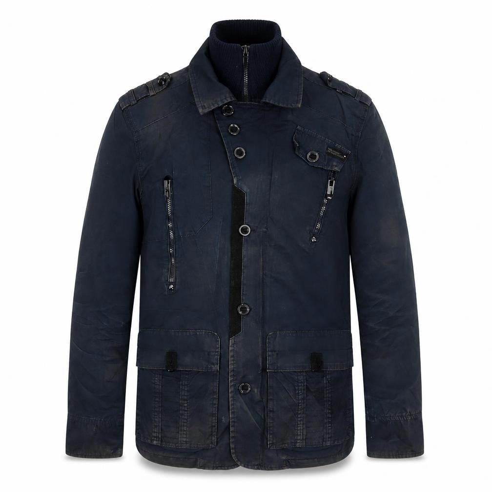 Vintage Men's Blue Military Jacket - M - Zip & Button