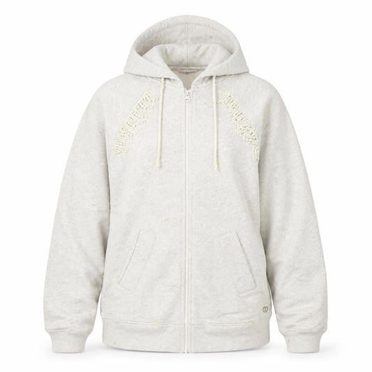 Twinset Women's Ivory Full Zip Hoodie, Size S, Crochet Detail