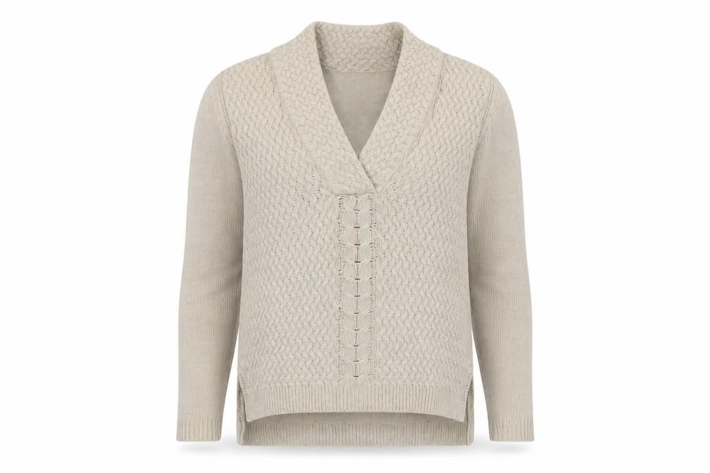 Adrienne Vittadini Beige V-Neck Cable Knit Pullover, Size 2