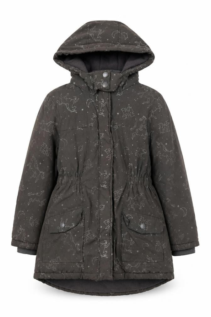 Vertbaudet Girls Grey Space Print Hooded Parka Coat 8 Years