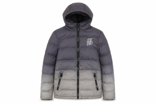 Front view of PF boys’ grey ombré puffer jacket, 11-12 years, hooded