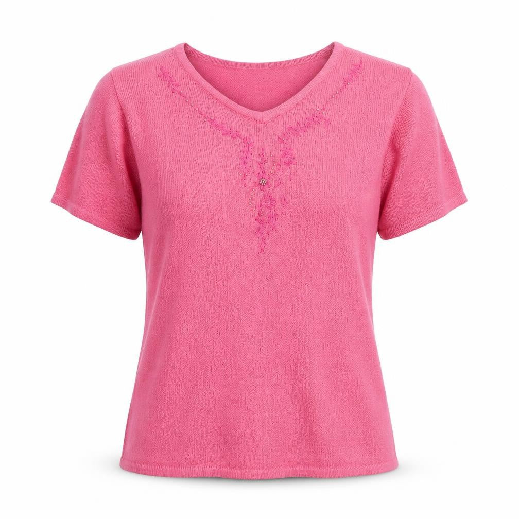 EWM Pink V-Neck Knit T-Shirt for Women, Size M