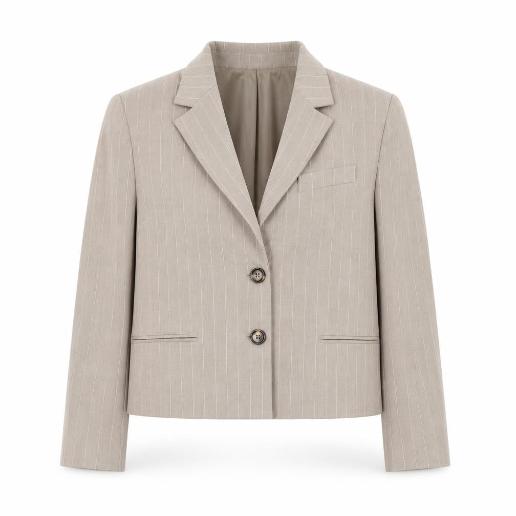 MNG Women's Beige Pinstripe Cropped Suit Jacket S