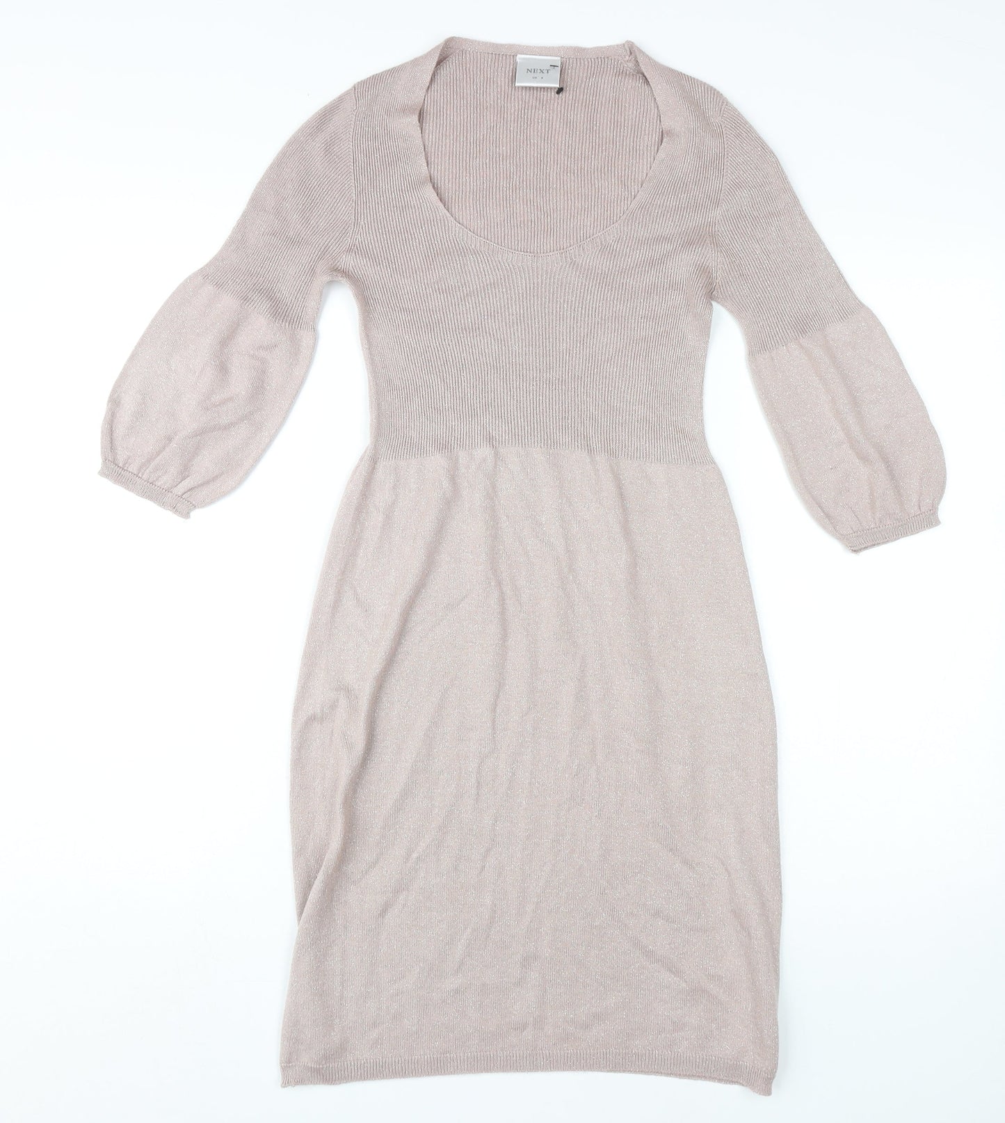 Next Beige A-Line Midi Dress, UK 8, 3/4 Balloon Sleeve