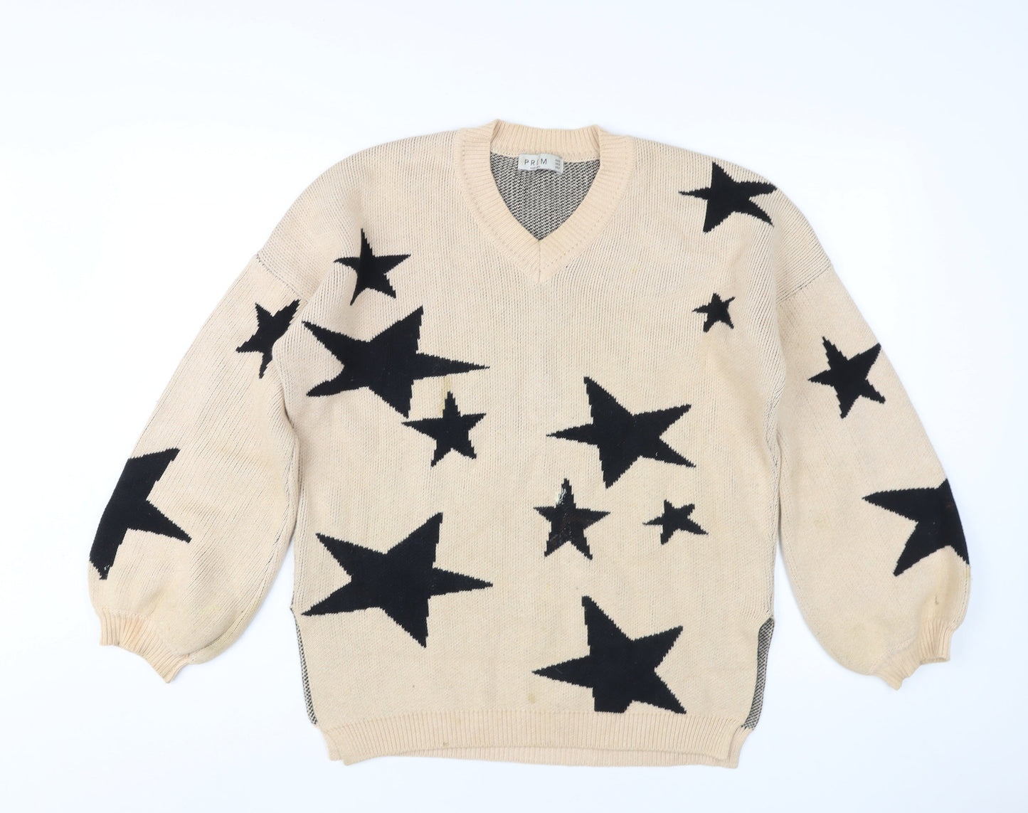 PREM Women Beige Star Pattern Cotton Pullover Jumper UK 8