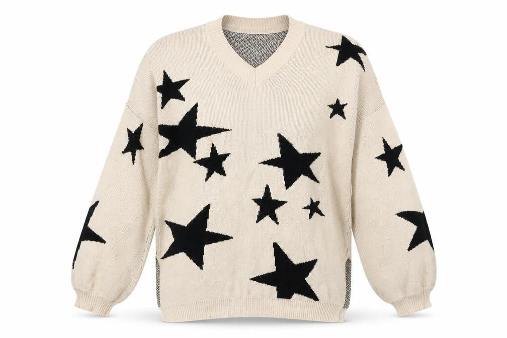 PREM Women Beige Star Pattern Cotton Pullover Jumper UK 8