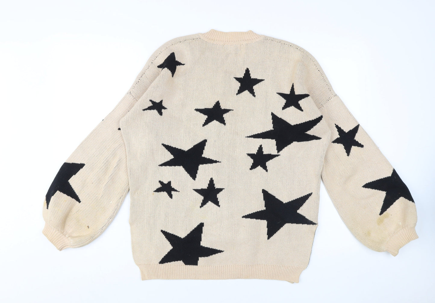 PREM Women Beige Star Pattern Cotton Pullover Jumper UK 8