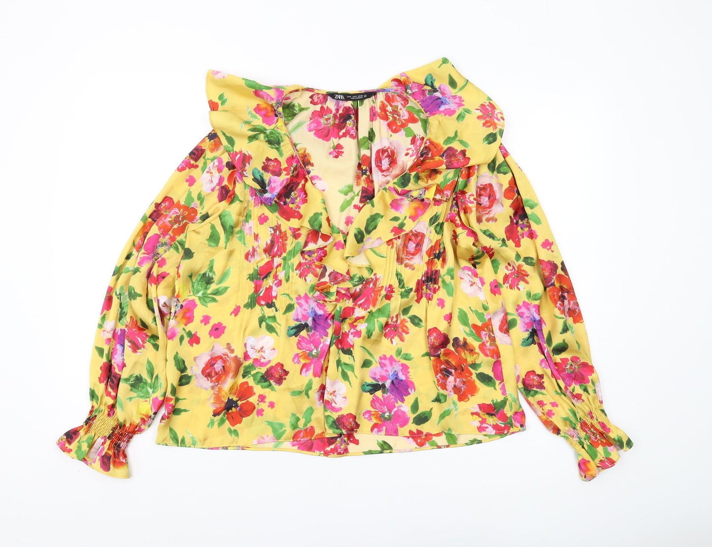 Zara Women's Yellow Floral Blouse Long Balloon Sleeve