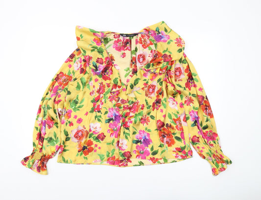 Zara Women's Yellow Floral Blouse Long Balloon Sleeve