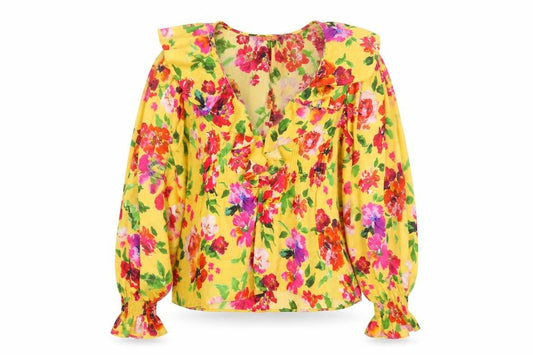 Zara Women's Yellow Floral Blouse Long Balloon Sleeve