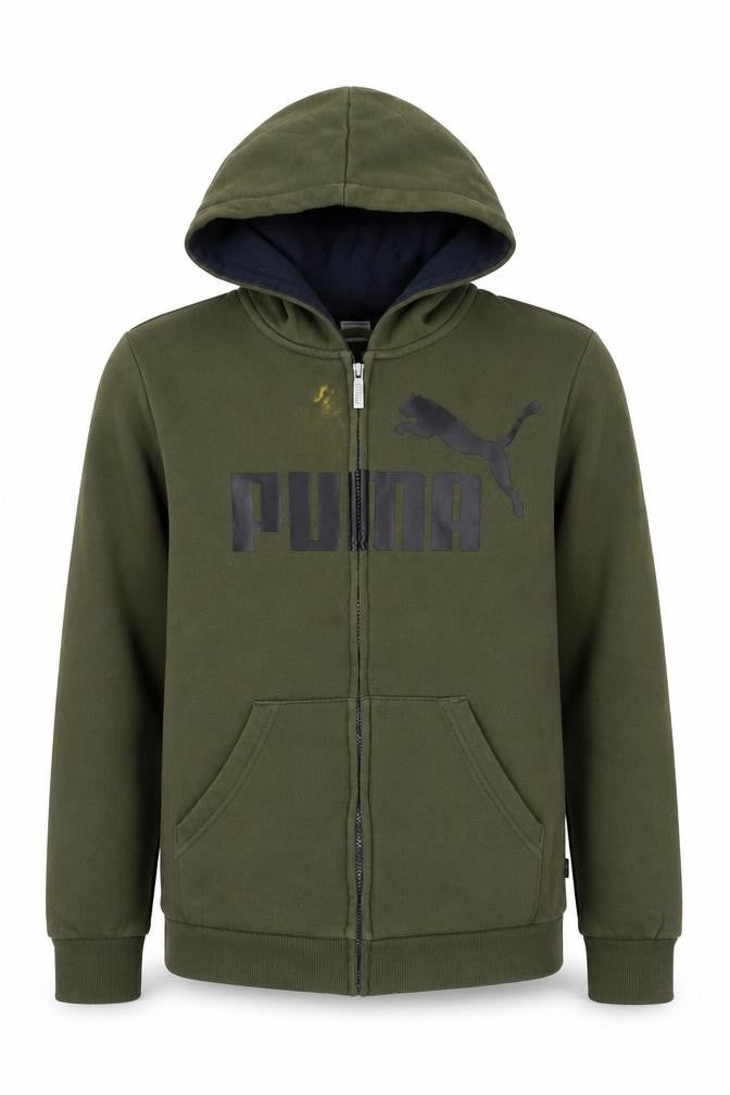 Front view of Puma boys’ green full zip hoodie 14 years casual logo
