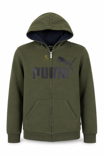 Front view of Puma boys’ green full zip hoodie 14 years casual logo
