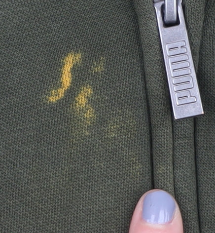 Close-up detail of Puma boys’ green full zip hoodie 14 years casual logo