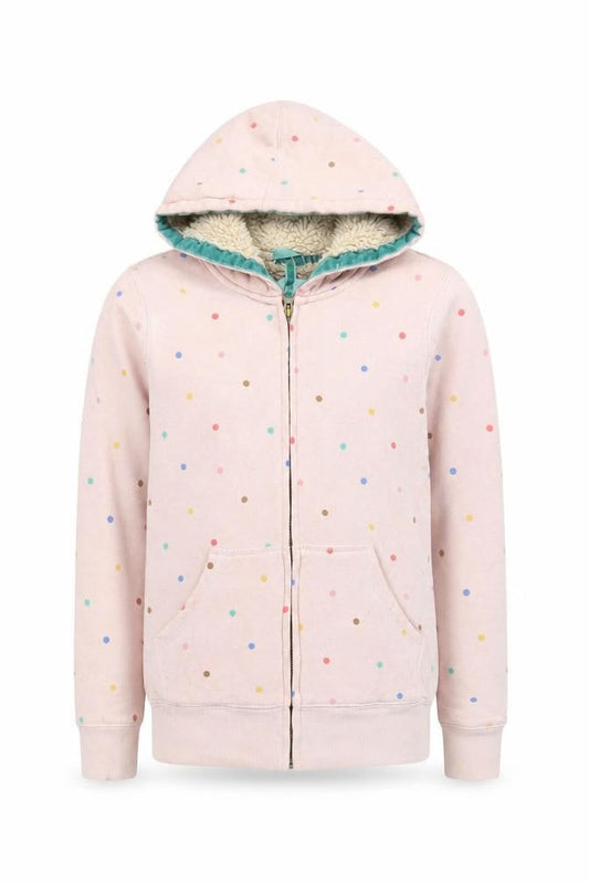Front view of Boden girls’ pink polka dot full zip hoodie 11-12 years