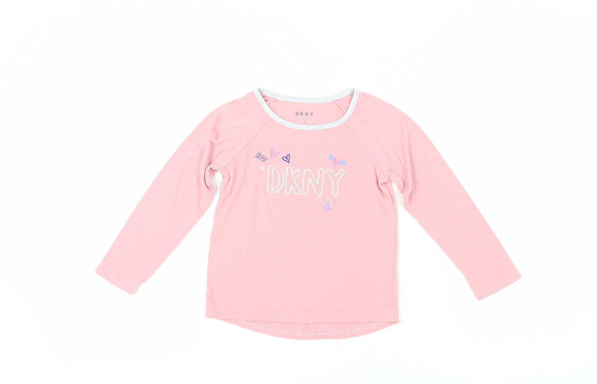 Additional front view of DKNY girls’ pink long sleeve t-shirt, size 5, pullover style