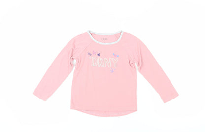 Additional front view of DKNY girls’ pink long sleeve t-shirt, size 5, pullover style