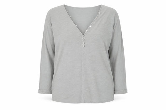 Massimo Dutti Women's Grey V-Neck Blouse, Size 10, Cotton