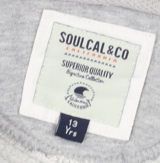 Close-up detail of SoulCal boys’ grey full zip hoodie - 13 years, logo accent