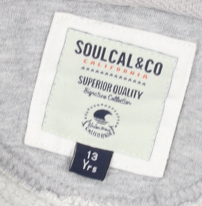 Close-up detail of SoulCal boys’ grey full zip hoodie - 13 years, logo accent
