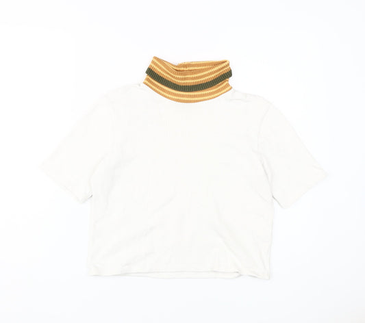 Zara Women's White T-Shirt with Knit Collar Size M