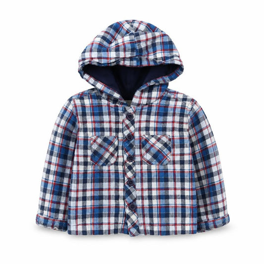 Front view of JoJo Maman Bébé boys’ plaid shirt jacket 6-12m multicoloured