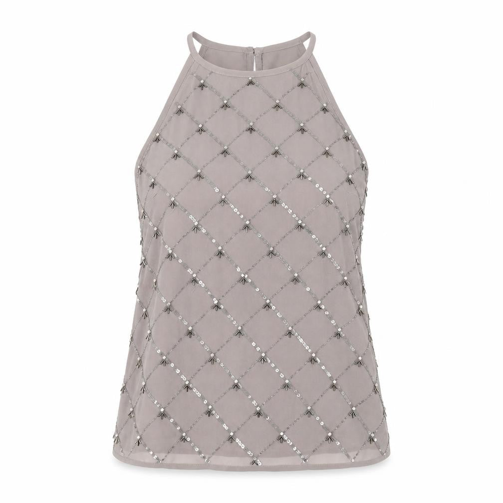 Oasis Women's Grey Beaded High Neck Sleeveless Blouse