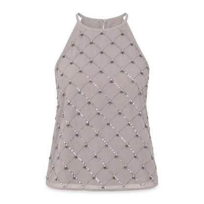 Oasis Women's Grey Beaded High Neck Sleeveless Blouse