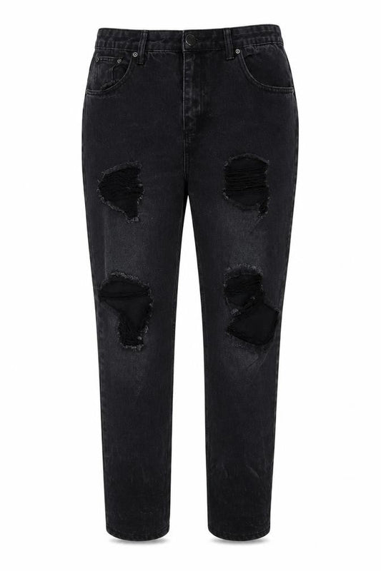 PrettyLittleThing Women's Black Distressed Straight Jeans Size 16