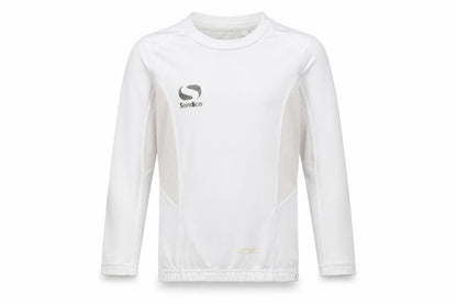 Front view of Sondico boys’ white football jersey, 3-4 years, long sleeve