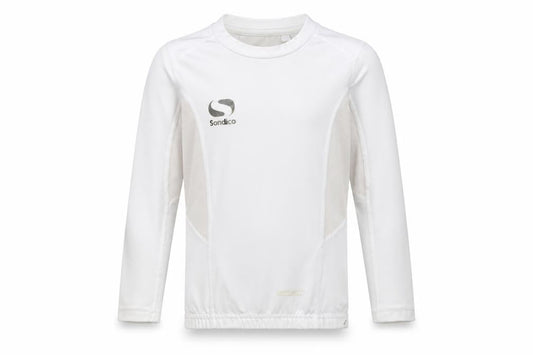 Front view of Sondico boys’ white football jersey, 3-4 years, long sleeve