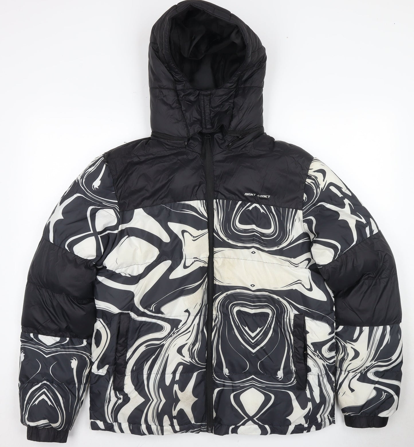 Night Addict Men's Black Puffer Jacket, M, Hooded, Casual