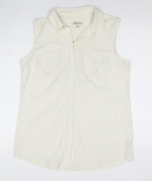 Merona Women's Ivory Sleeveless Collared Blouse, Size L