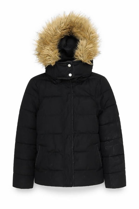 Warehouse Women's Black Puffer Jacket, Size 8, Hooded