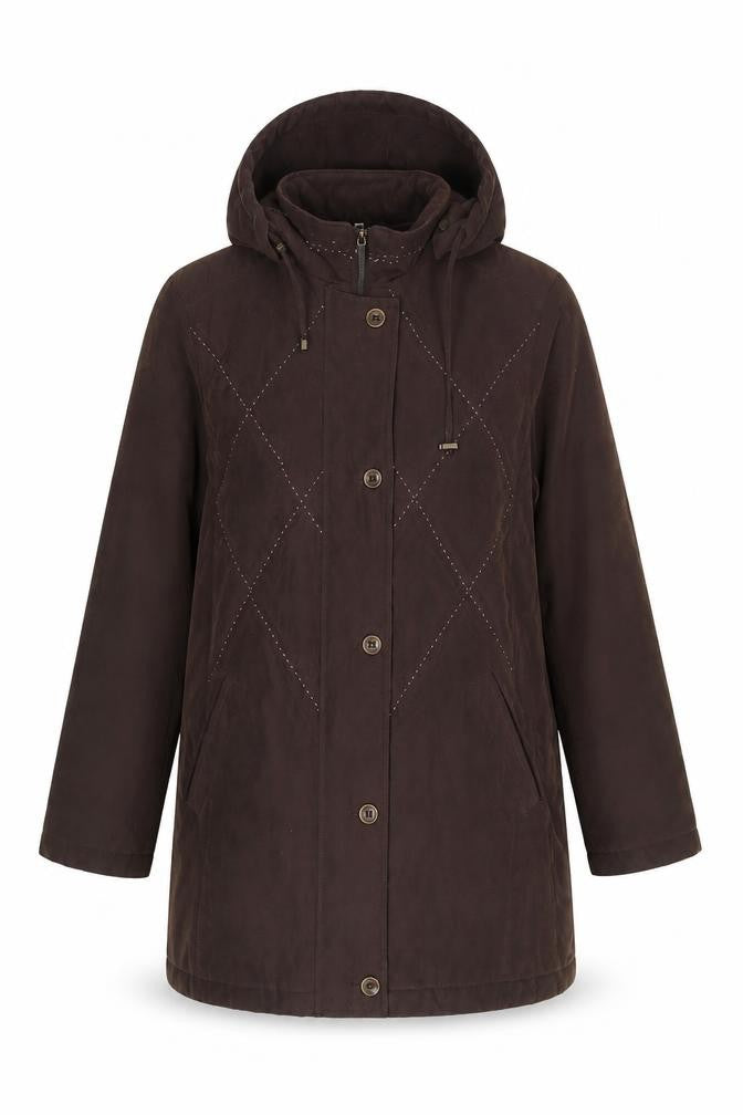 Kuss Women's Brown Rain Coat, Hooded, Long, Size L