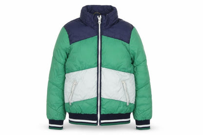 Front view of Scotch & Soda boys’ green colourblock puffer jacket, size 12
