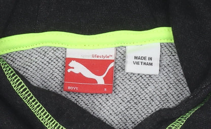 Brand and care label for Puma boys’ black hoodie 6-7 years logo pullover jersey