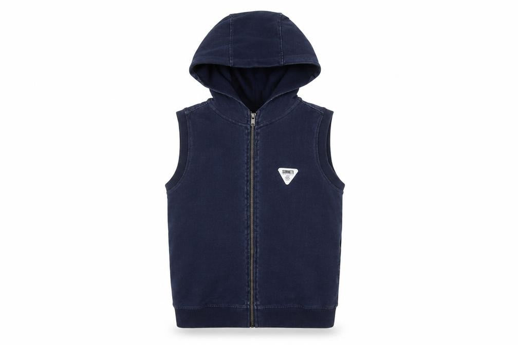 Front view of Sonneti boys’ navy sleeveless hooded jacket 10-12 years
