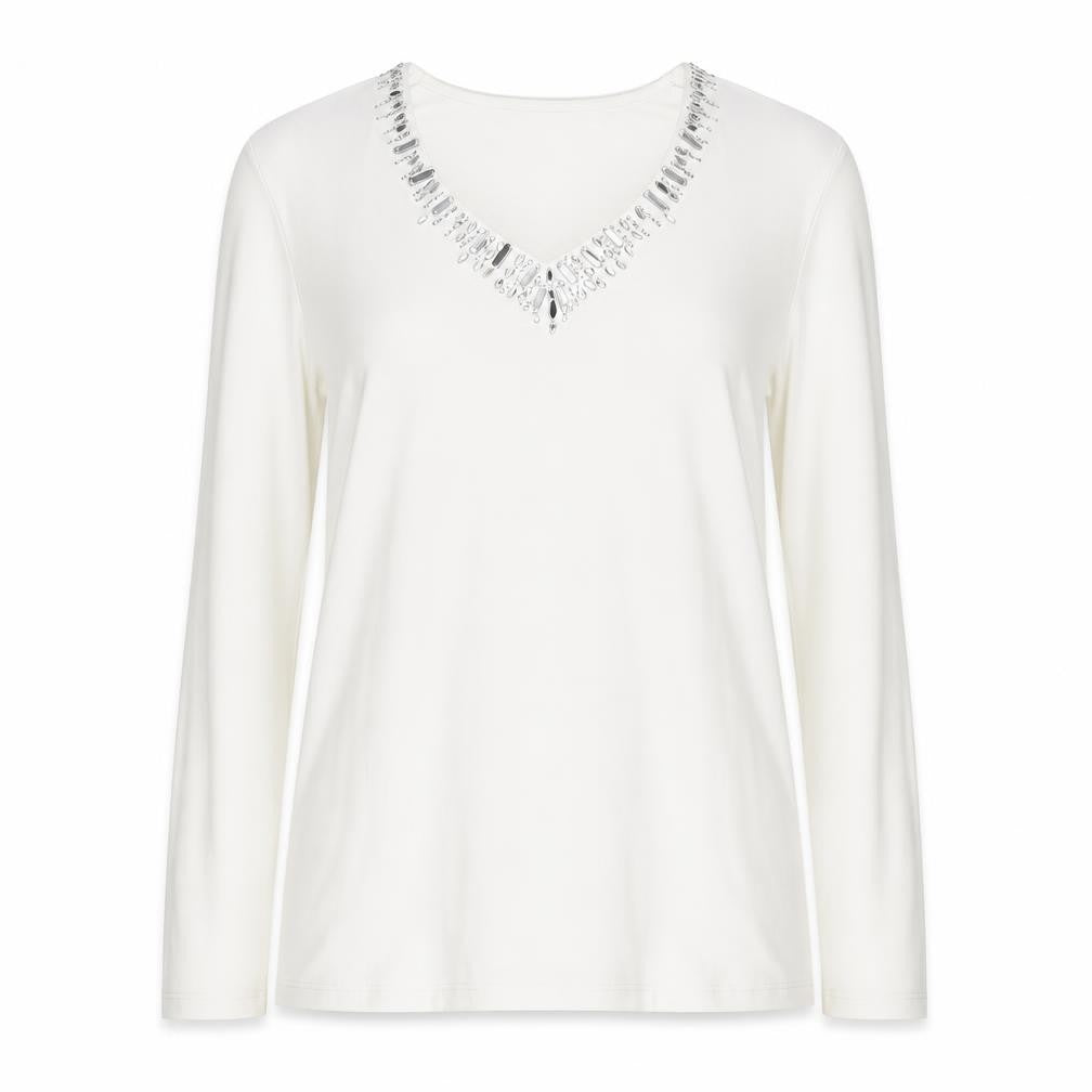 Windsmoor Women's White Beaded V-Neck T-Shirt, S