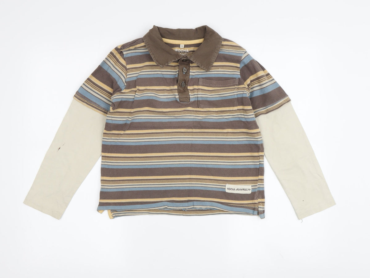 RJR.John Rocha Boys Brown Striped Polo 7-8Y Long Sleeve