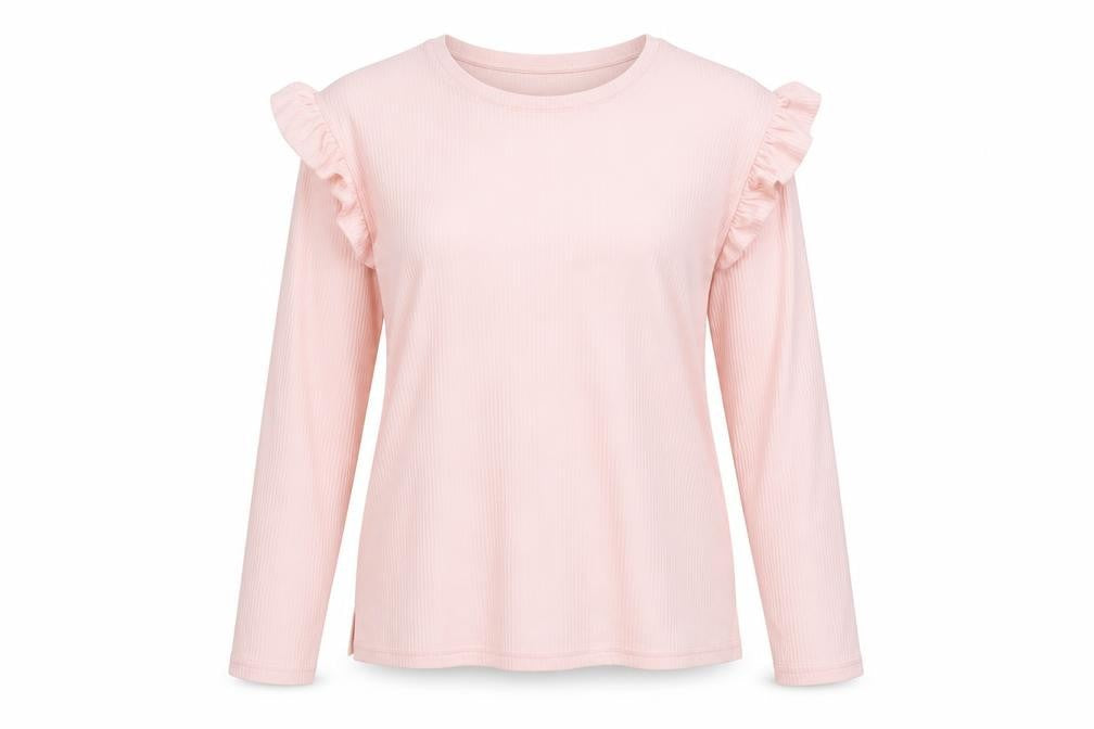 BCBGMAXAZRIA Women's Pink Ruffle Long Sleeve T-Shirt