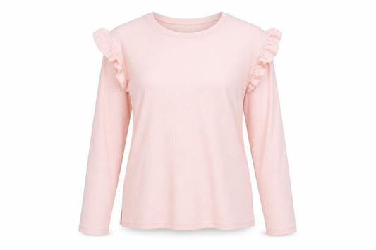 Front view of BCBGMAXAZRIA Women's Pink Ruffle Long Sleeve T-Shirt