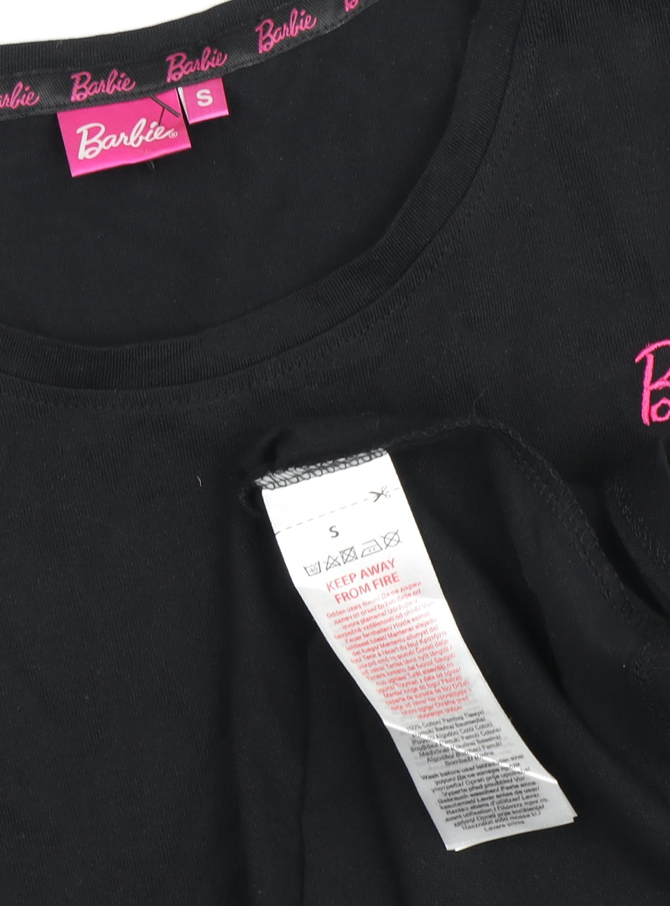 Close-up detail of Barbie girls’ black cotton t-shirt s logo graphic casual