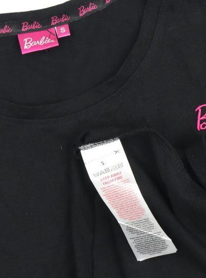 Close-up detail of Barbie girls’ black cotton t-shirt s logo graphic casual