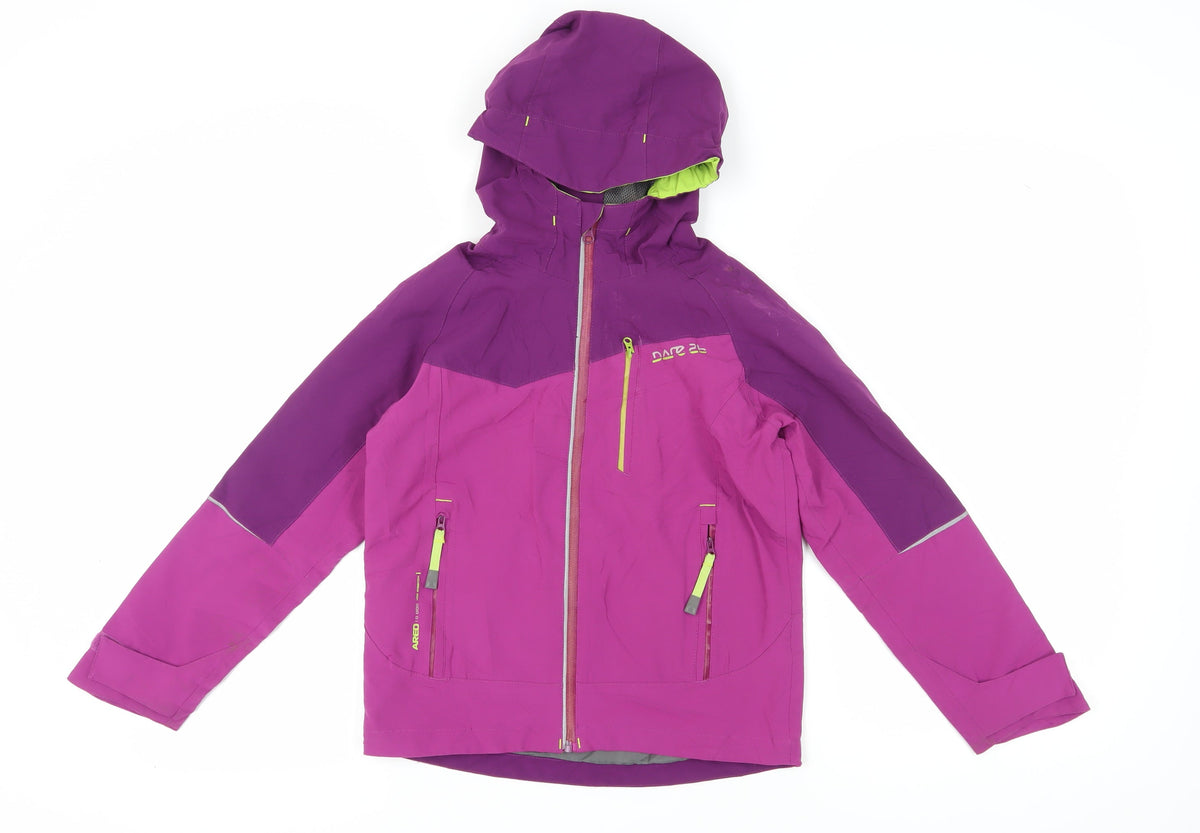 Additional front view of Dare 2b girls’ purple ski jacket, size 10, waterproof & hooded