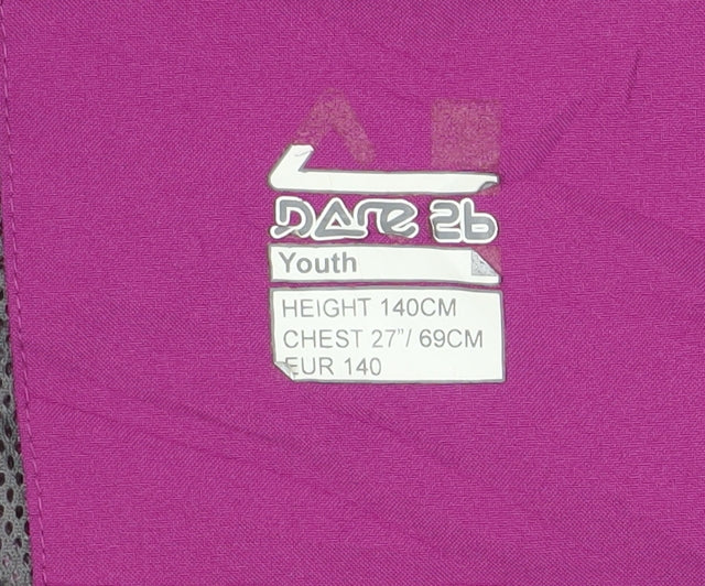 Close-up detail of Dare 2b girls’ purple ski jacket, size 10, waterproof & hooded