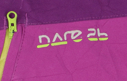 Brand and care label for Dare 2b girls’ purple ski jacket, size 10, waterproof & hooded