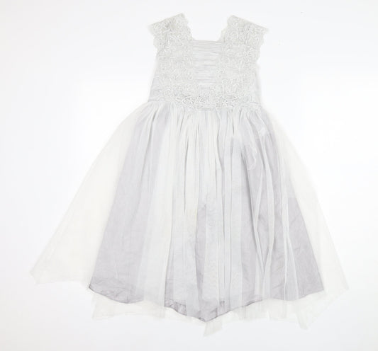 Monsoon Girls White Long A-Line Dress with Lace and Bow